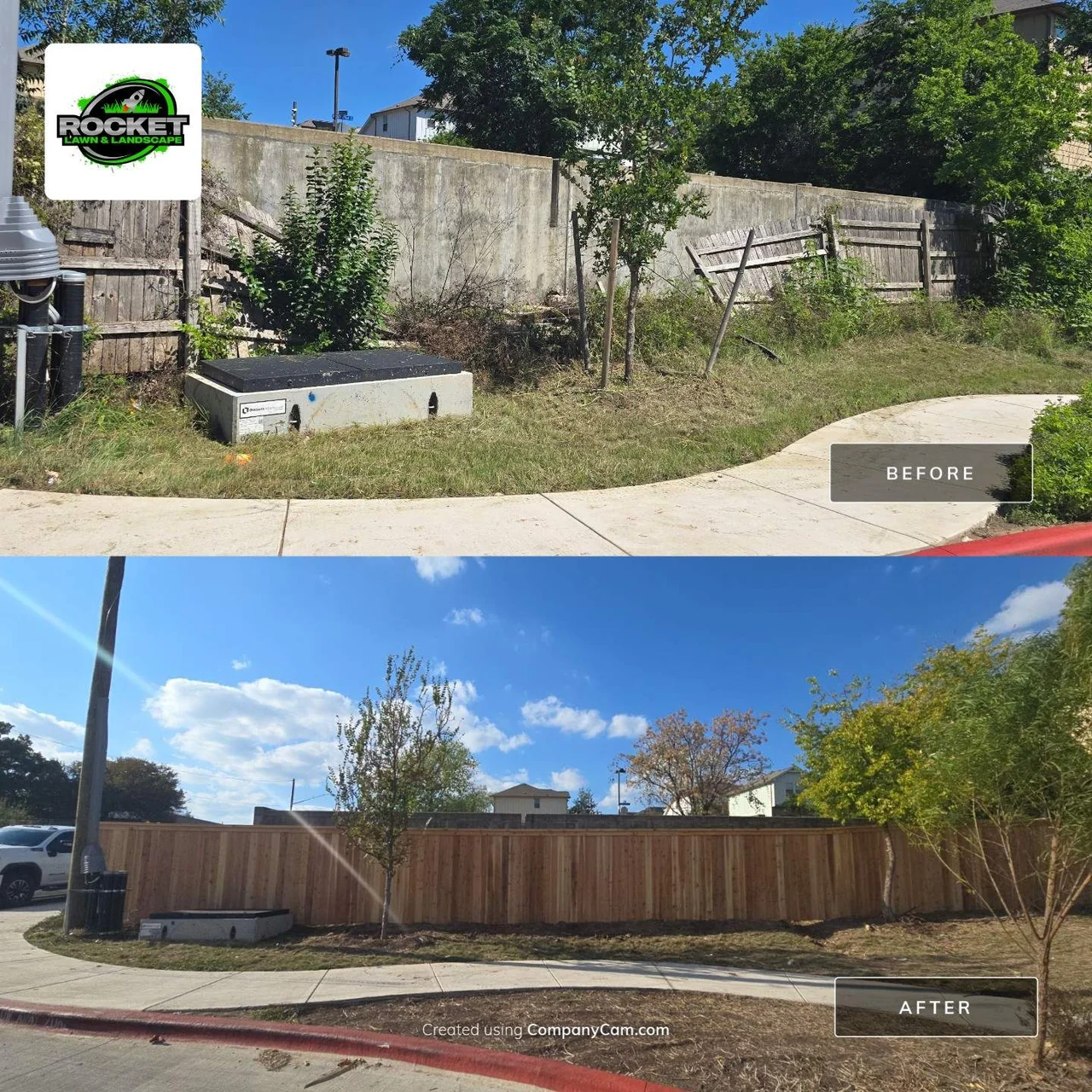 Before and after cedar perimeter fence replacement along a community sidewalk.